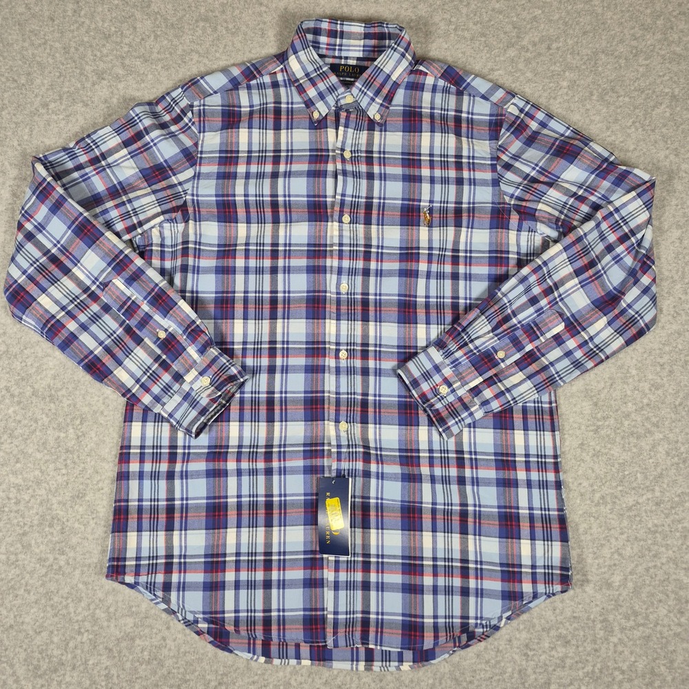 Polo Ralph Lauren Button Down Oxford Shirt Mens Medium Blue Plaid Flesh Pony